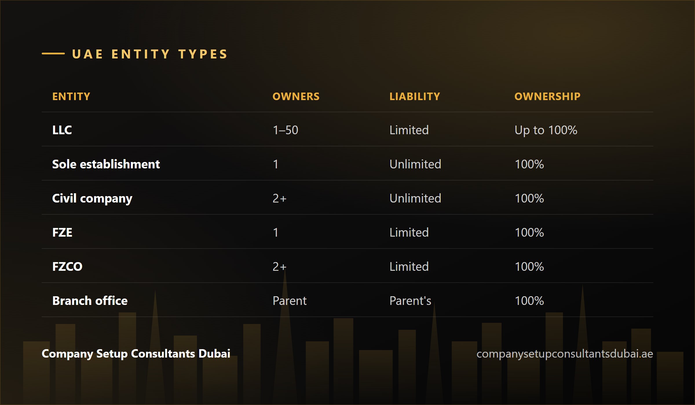 Comparison of UAE business entity types by shareholders, liability and ownership